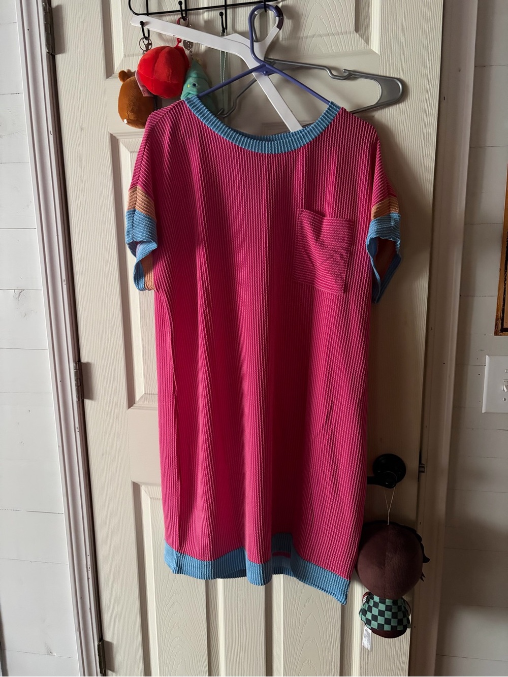 Women’s Pink Knit Dress with Blue Trim